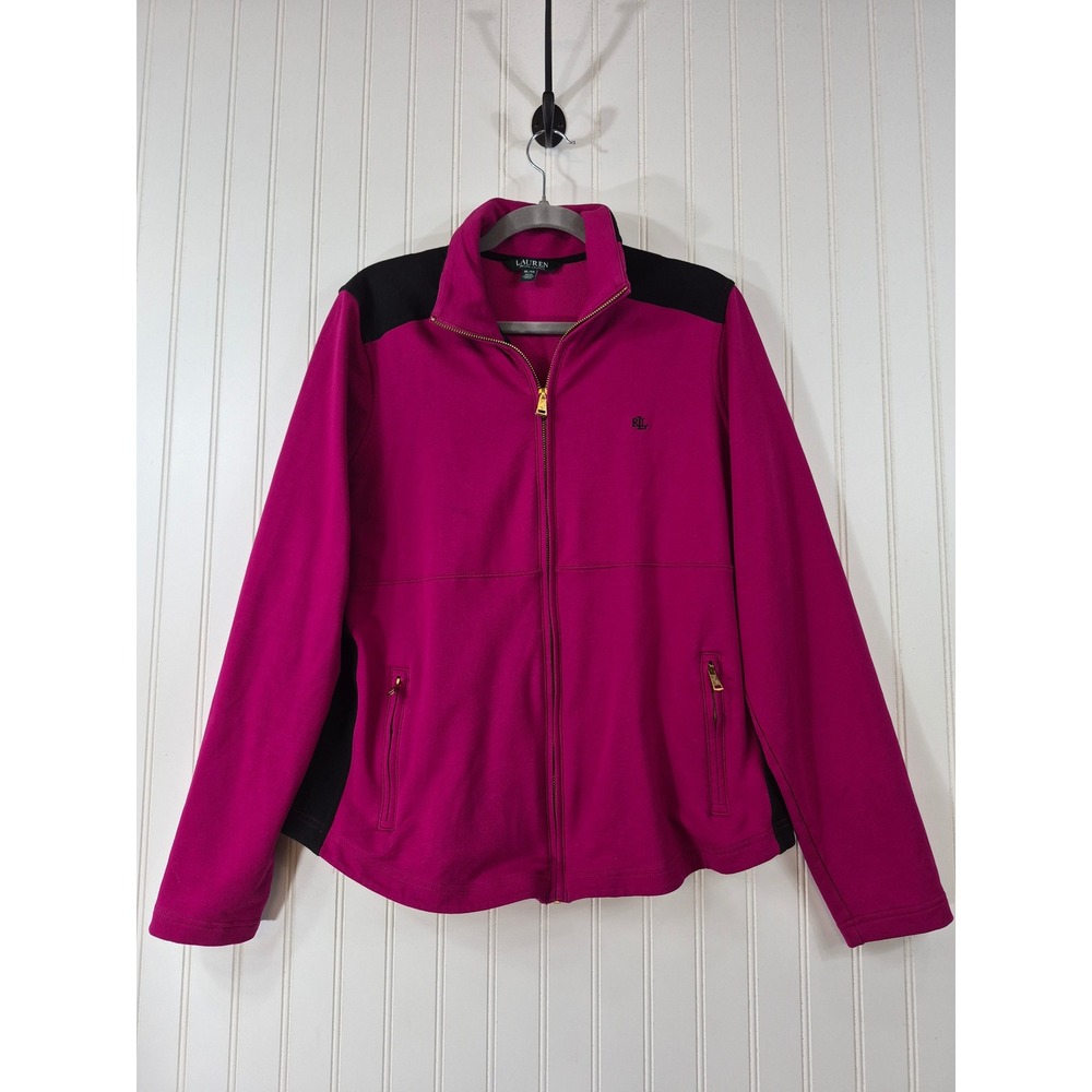 Lauren RL Magenta Pink Black Full Zip Track Jacket XL Gold Hardware Active Gym